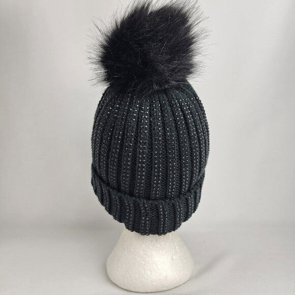 Black Knit Rhinestone Studded Fur Pom Pom Toque - Picture 5 of 8